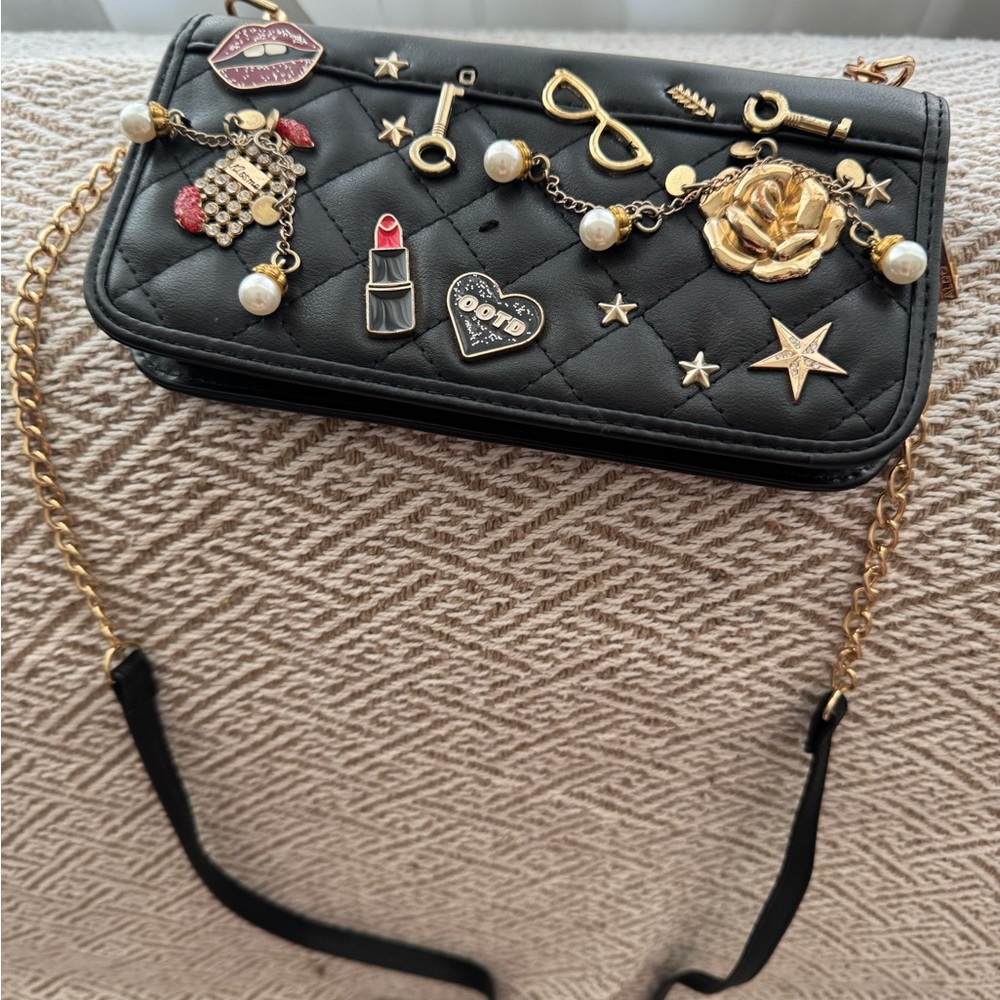 Aldo Black Quilted Crossbody Bag with Gold Charms